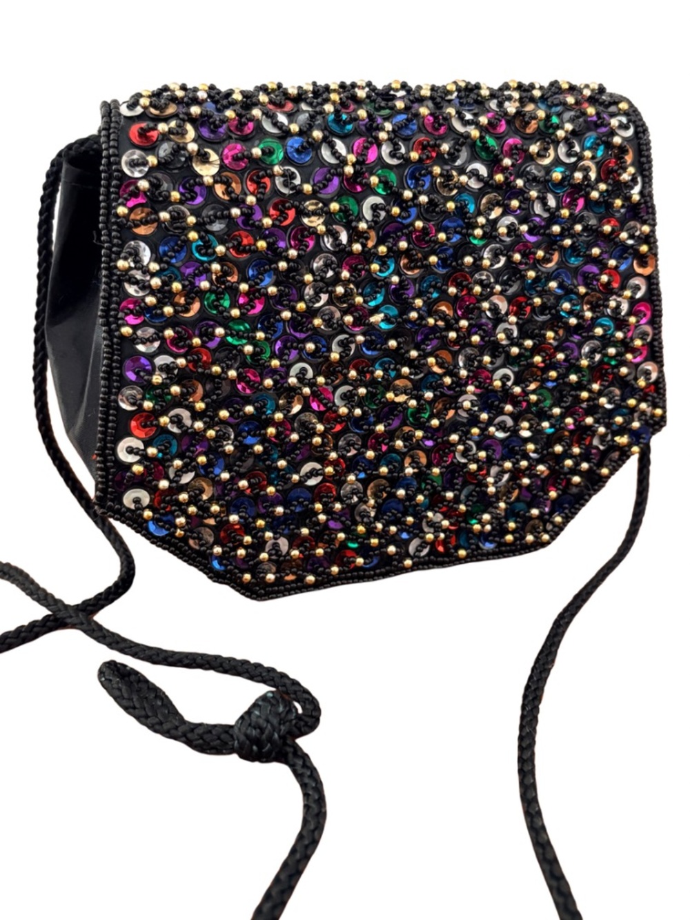 VTG Magid 80s 90s Rainbow Beaded Black Satin Evening Purse Bag Clutch Shoulder